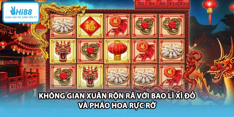 Không gian xuân rộn rã với bao lì xì đỏ và pháo hoa rực rỡ